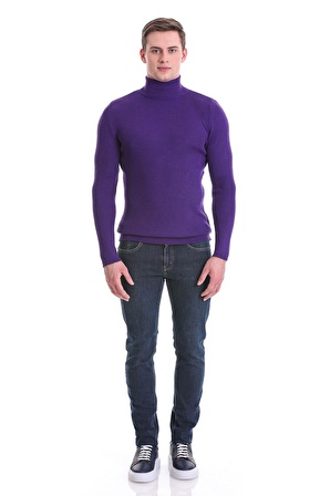 Mor Slim Fit Fitilli Balıkçı Yaka Yünlü Triko Kazak | XXL