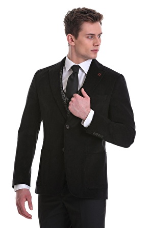 Siyah Slim Fit Düz Mono Yaka Pamuklu Kadife Ceket | 52