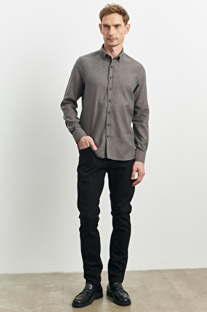 Erkek Kahverengi Slim Fit Dar Kesim Düğmeli Yaka Flanel Oduncu Gömlek
