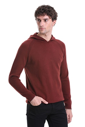 Kiremit Regular Fit Jakarlı Kapüşonlu Triko Kazak | XL