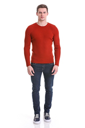 Kiremit Slim Fit Fitilli Bisiklet Yaka Yünlü Triko Kazak | L