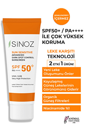 Sinoz Spf 50 Leke Karşıtı Aydınlatıcı Etkili Yüksek Koruyucu Niacinamide İçeren Yüz Güneş Kremi 50 ml