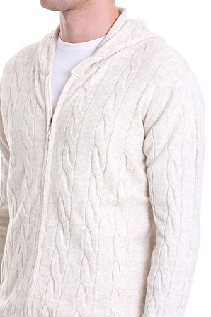 Bej Regular Fit Jakarlı Yarım Fermuarlı Kapüşonlu Triko Kazak | XL
