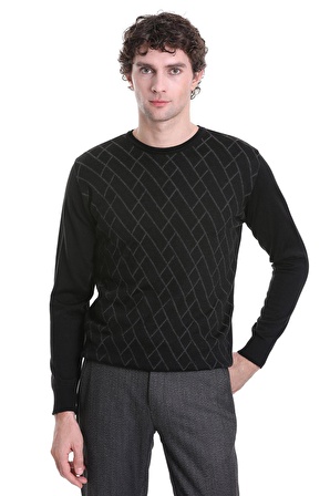 Siyah Regular Fit Jakarlı Bisiklet Yaka Yünlü Triko Kazak | M