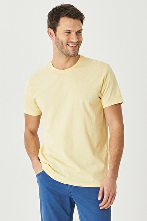 Erkek Sarı %100 Pamuk Slim Fit Dar Kesim Bisiklet Yaka Kısa Kollu Tişört