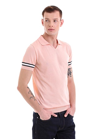 Pembe Slim Fit Çizgili Polo Yaka Triko Tişört | XL