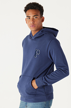 Erkek Indigo Standart Fit Normal Kesim Içi Polarlı Içi Polarlı Kapüşonlu Sweatshirt