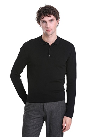Siyah Regular Fit Düz Polo Yaka Yünlü Triko Kazak | S