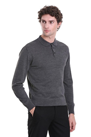 Gri Regular Fit Düz Polo Yaka Triko Kazak | S