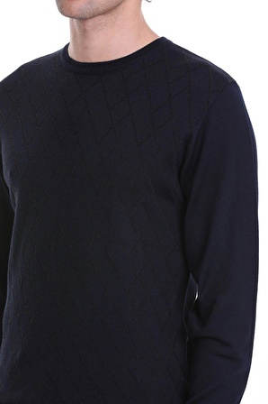 Lacivert Regular Fit Jakarlı Bisiklet Yaka Yünlü Triko Kazak | M