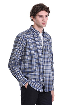 Lacivert Comfort Fit Kareli Düğmeli Yaka Uzun Kollu Casual Gömlek | M