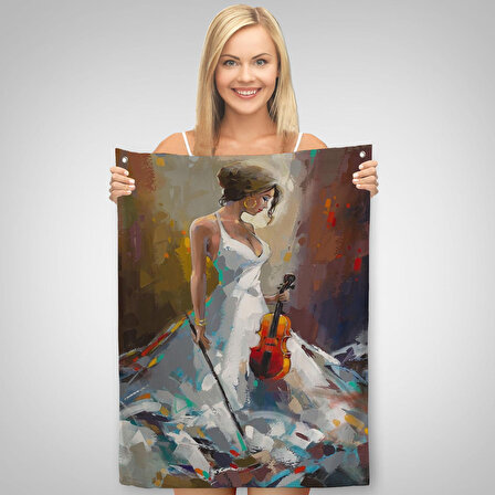 Beyaz Elbiseli Kemani Kadın Duvar Örtüsü-Halısı-6380