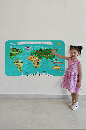 Eğitici Dünya Haritası Dünya Atlası Çocuk ve Bebek Odası Kaliteli Duvar Sticker-3780