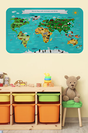 Eğitici Dünya Haritası Dünya Atlası Çocuk ve Bebek Odası Kaliteli Duvar Sticker-3780