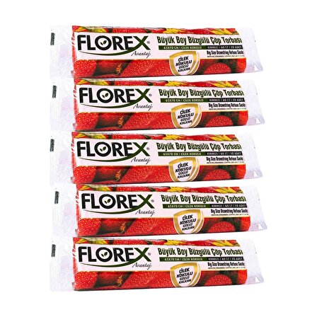 Florex 60 Litre Büzgülü Çilek Kokulu Çöp Torbası Poşeti / 65 x 70 Cm. - 10x5 Rulo / Paket