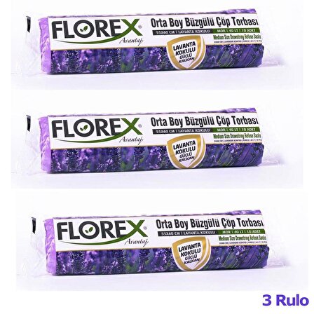 Florex 40 Litre Büzgülü Lavanta Kokulu Çöp Torbası Poşeti / 55 x 60 Cm. - 10 Adetlik 3 Rulo