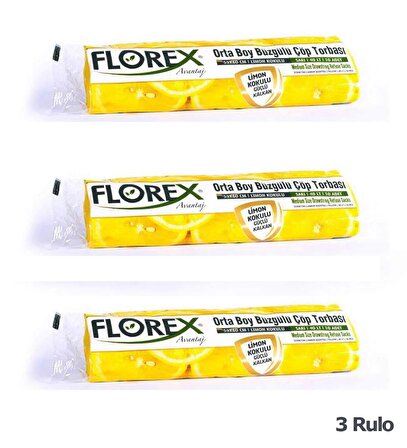 Florex 40 Litre Büzgülü Limon Kokulu Sarı Çöp Torbası Poşeti / 55 x 60 Cm. - 10 Adetlik 3 Rulo