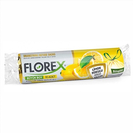 Florex 60 Litre Büzgülü Limon Kokulu Sarı Çöp Torbası Poşeti / 65 x 70 Cm. - 10 Adetlik 1 Rulo