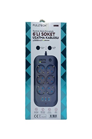 Fulltech Termal Akım Korumalı, Çocuk Korumalı, 6'lı 2 Mt Uzatma Kablosu 6 X Priz, 3 X Usb