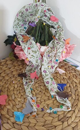 Ahşap Boncuklu Çiçek Desenli Fular & Saç Bandı