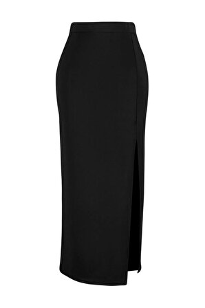 Siyah Smart Yırtmaç Detaylı Krep Maxi Yüksek Bel Esnek Örme Etek