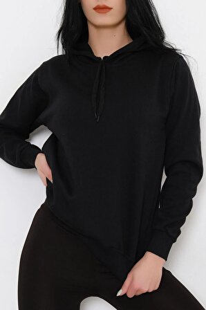 Siyah Kapüşonlu Sweatshirt Kadın