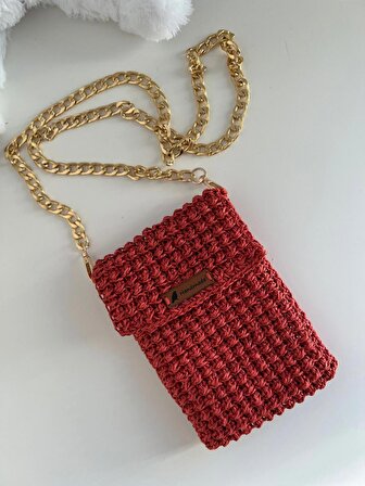Kırmızı Zincir Askılı Handmade Telefon Çantası
