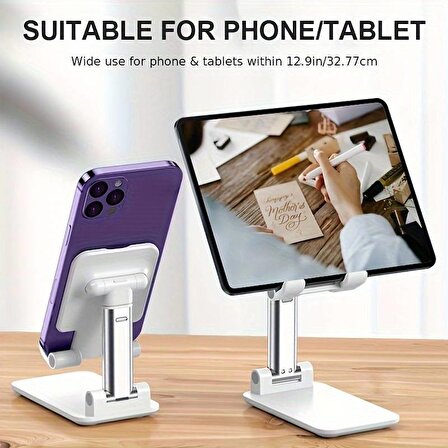 Masaüstü Tablet Ve Telefon Tutucu Stand 2 Kademeli Uzunluk Ayarlı (Beyaz)