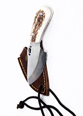 Geyik Boynuzu Saplı Kama El Yapımı Kamp Bıçağı Deri Kılıflı Bıçak