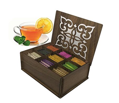 9 Bölmeli Kış Çayı Seti Ahşap Çay Kutusu, Teabox,Bitkisel Çay Kahve Kutusu Gediz Desen