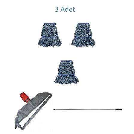 Geniş Yedek Islak Mop Paspas Takımı - 3 ad 25 Cm. 500 Gr. Islak Mop + Mop Tutucu + Metal Vidalı Sap