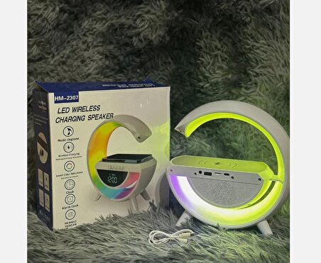 Taşınabilir Kablosuz Hoparlör - G Şekli RGBLİ Işıklı Saatli Temazsız Şarj Standlı Gece Lambası