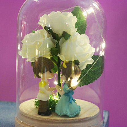 Dekoratif Cam Işıklı Çiçek Fanus