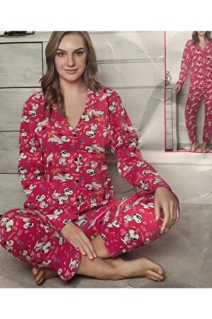 Hayvan Desenli Önü Düğmeli Pijama Takımı Pembe