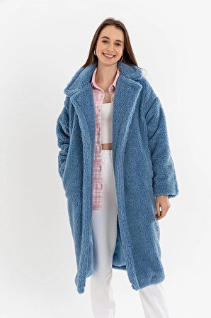Teddy Kumaş Ceket Yaka Oversize Kadın Kaban Mavi
