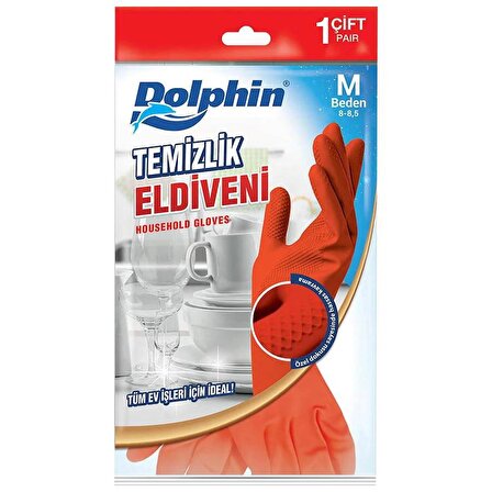 Dolphin Lateks Bulaşık Temizlik Eldiveni - Kırmızı - Orta Boy ( Medium ) - 8-8,5 - 5 Paket