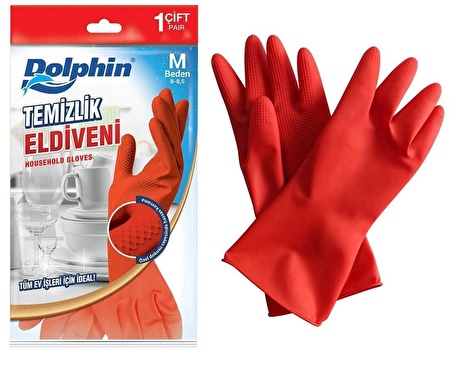 Dolphin Lateks Bulaşık Temizlik Eldiveni - Kırmızı - Orta Boy ( Medium ) - 8-8,5 - 1 Çift - Paket