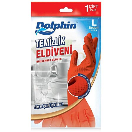 Dolphin Lateks Bulaşık Temizlik Eldiveni - Kırmızı - Large ( Büyük ) - 9-9,5 - 5 Paket