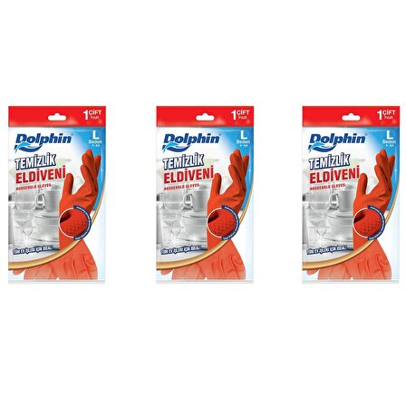 Dolphin Lateks Bulaşık Temizlik Eldiveni - Kırmızı - Large ( Büyük ) - 9-9,5 - 3 Paket