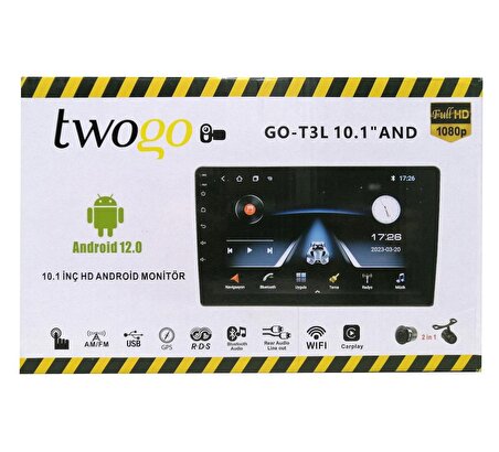 Twogo 10.1” İnç Android 12.0 İşletim Sistemli Multimedya 2GB-32GB Carplay İnce Kasa HD Monitör 4*60W