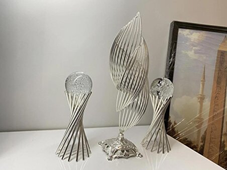 3 Lü Set : Gümüş Renk Metal Tasarımlı 2 Burgulu Ve 1 Helezon Dekorasyon Objesi, Hediyelik Lüks Ev