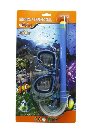 Çocuk  Dalış Yüzme Maske Şnorkel Set Kartela Havuz ve Deniz Gözlüğü 3 + Yaş MAVİ RENK