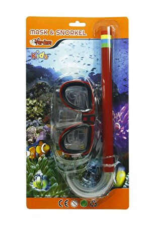 Çocuk  Dalış Yüzme Maske Şnorkel Set Kartela Havuz ve Deniz Gözlüğü 3 + Yaş KIRMIZI RENK