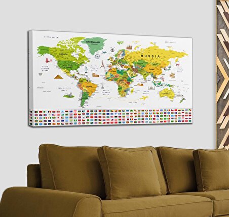 Dünya Haritası Ayrıntılı Eğitici-Öğretici Sembollü Bayraklı Dekoratif Kanvas Tablo 2875