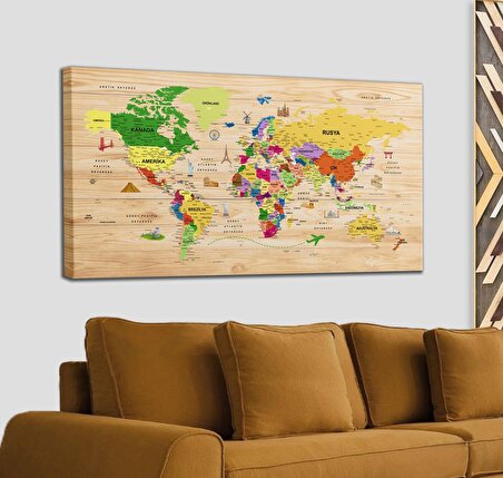 Ahşap Görünümlü Türkçe Dünya Haritası Sembollü Eğitici ve Öğretici Dekoratif Kanvas Tablo 2911