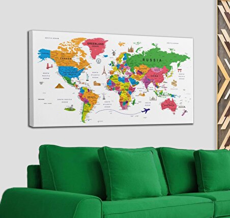 Dünya Haritası Son Derece Ayrıntılı Eğitici-Öğretici ve Sembollü Dekoratif Kanvas Tablo 3173