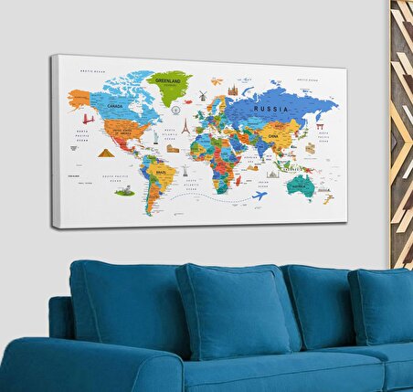Dünya Haritası Son Derece Ayrıntılı Eğitici-Öğretici ve Sembollü Dekoratif Kanvas Tablo 3231