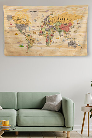 Duvar Örtüsü / Halısı Güncel İngilizce Pastel Dünya Haritası Ahşap Görünümlü