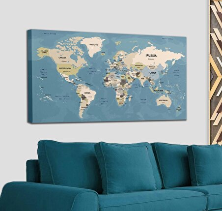 Dünya Haritası Kanvas Tablo  Ülke Başkentli ve Okyanus Detaylı Dekoratif Tablo 2743
