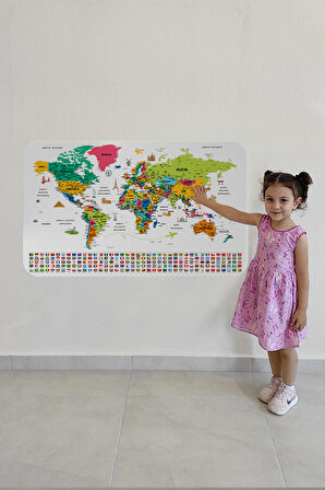 Harita Sepeti Türkçe Ülke Bayrak lı Eğitici Başkent Detaylı Atlası Dünya Haritası Duvar Sticker 3841
